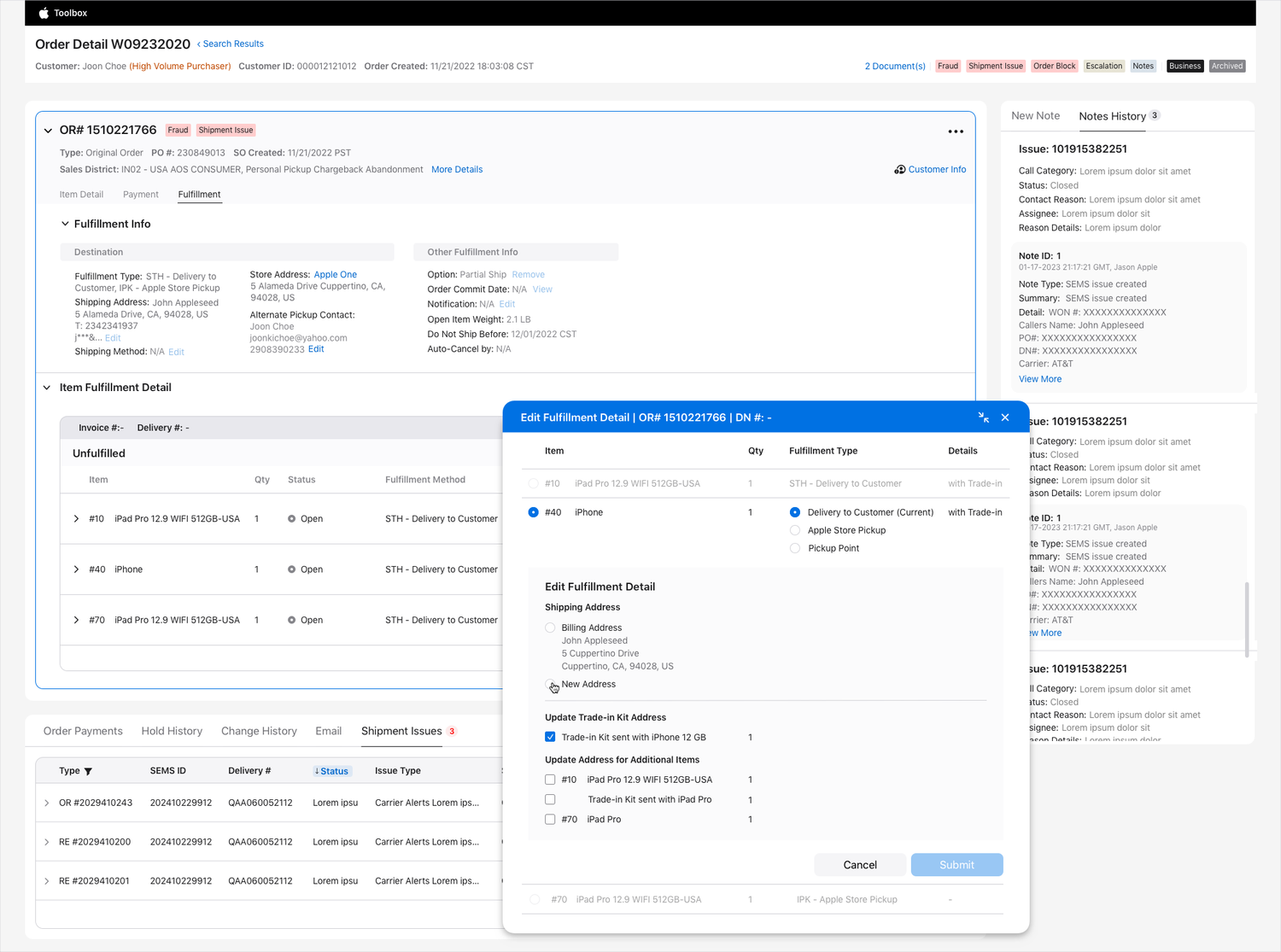 Edit Fulfillment Detail widget open over an order, showing fulfillment type, address, and trade-in options