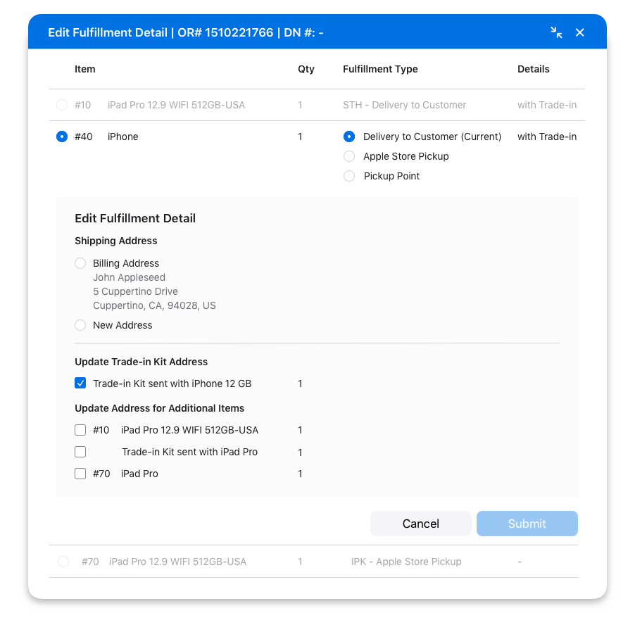Cleaner view of the Edit Fulfillment Detail widget showing shipping address and trade-in kit options