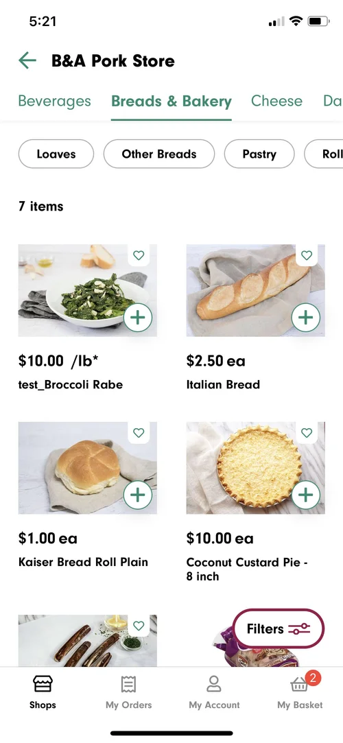 Breads & Bakery category page with product listings