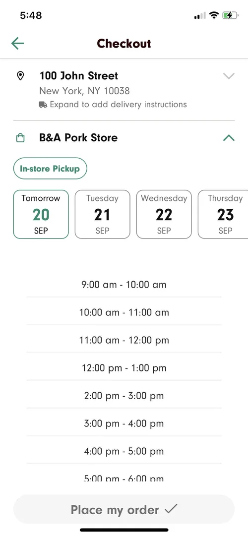 Checkout screen showing pickup time selection