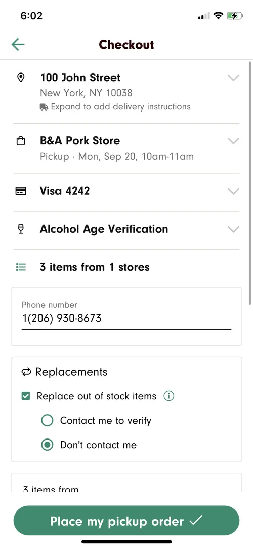 Checkout screen showing payment method, age verification, and replacement preferences