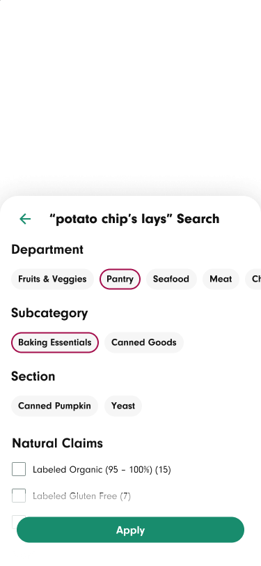 Search results with soft filters applied at the department, subcategory, and section level