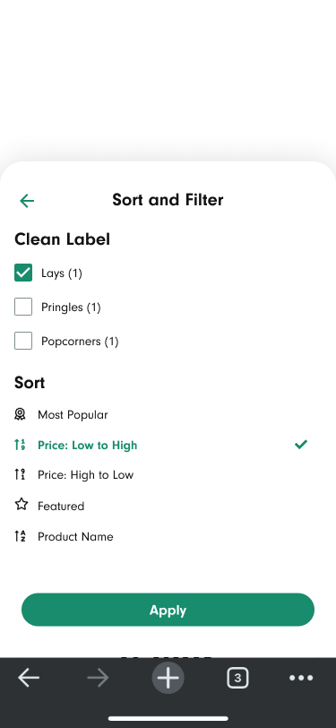 Sort and filter panel with brand and price sorting options