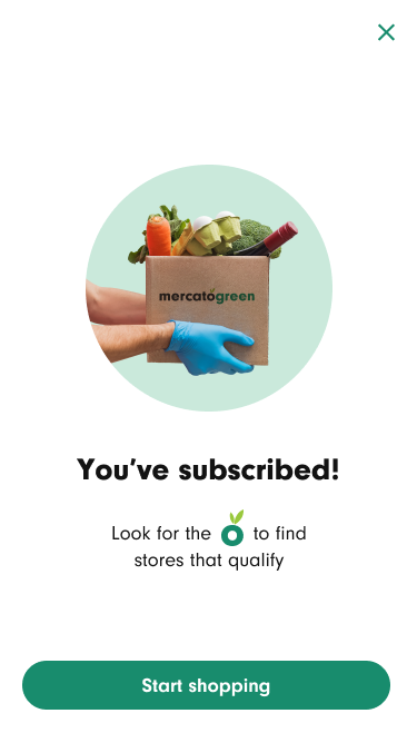 Confirmation screen after subscribing to Mercato Green membership