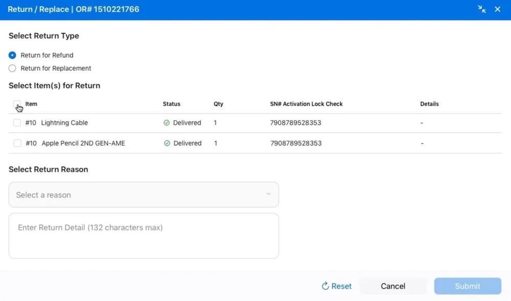 Return/Replace modal filled out and ready to submit, with item, quantity, and reason selected