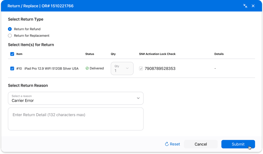 Return/Replace modal filled out and ready to submit, with item, quantity, and reason selected