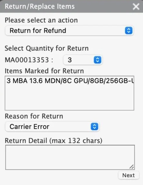 Old design of the return/replace panel with unclear icons and multiple dropdowns
