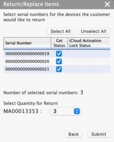 Old design showing serial number selection for a return, a separate manual step